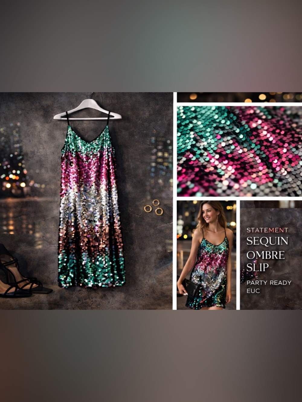 Express Sequin Ombre Slip Dress Small Pink Green Metallic Party Cocktail Mini - Picture 2 of 7